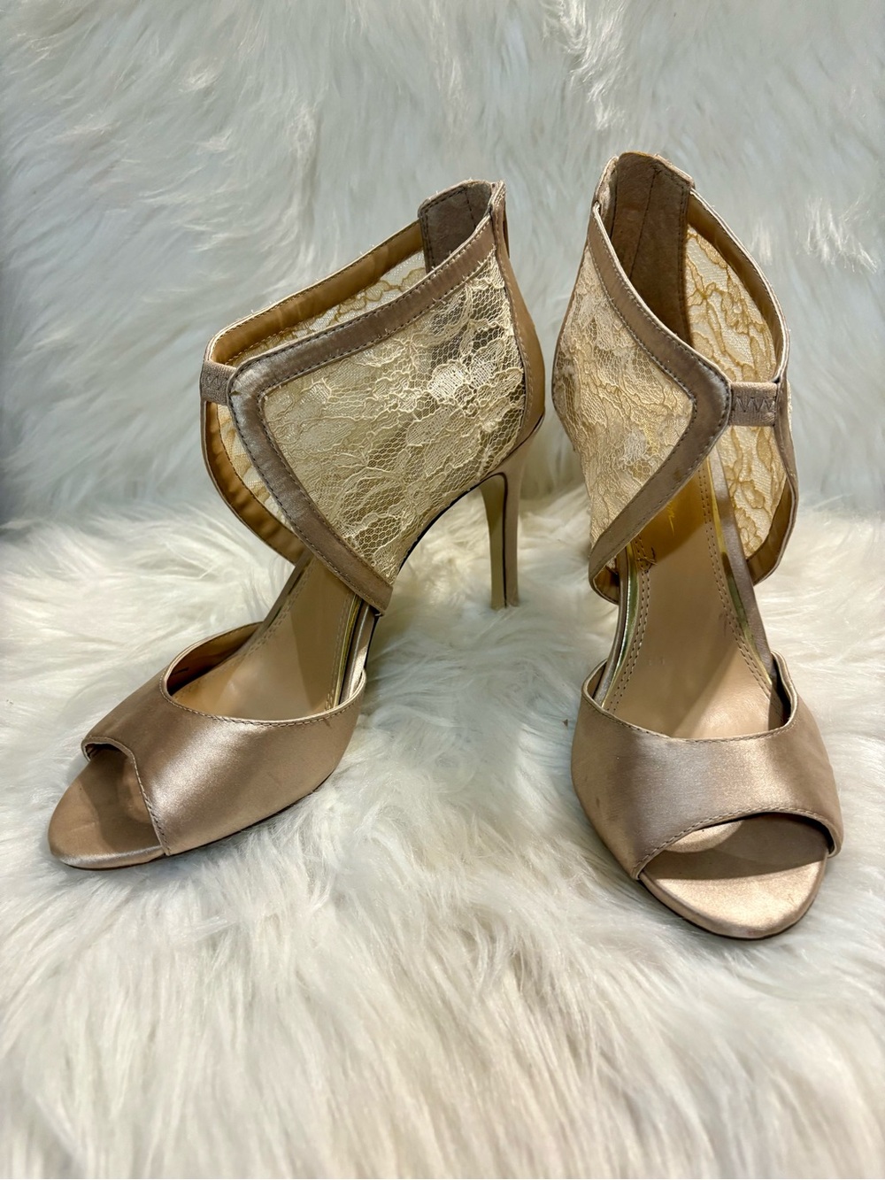 Jessica Simpson Satin and Lace Peep-Toe Heels in Champagne